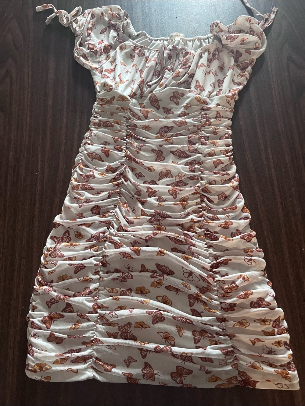 Ultra Flirt White Mini Dress with Rust Butterfly Print